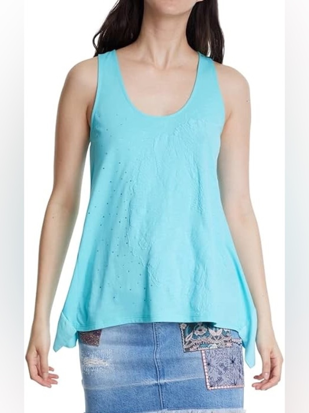Desigual Aqua Blue Scoop Neck Tank XL Asymmetric Hem Rhinestone Crystals